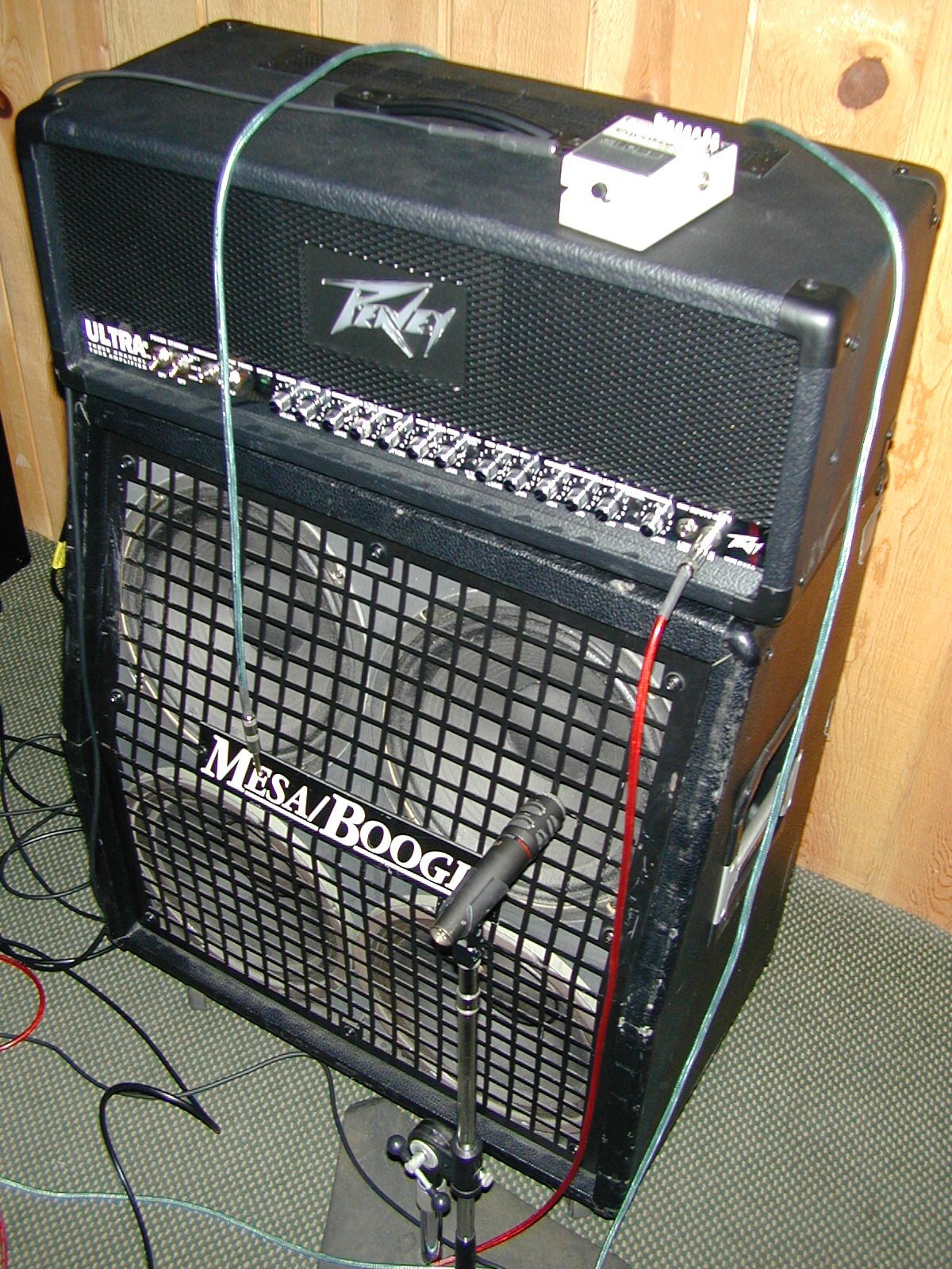 Robert Michaelian's Peavey Ultra head over a Mesa Boogie cabinet, mic'd up in the studio