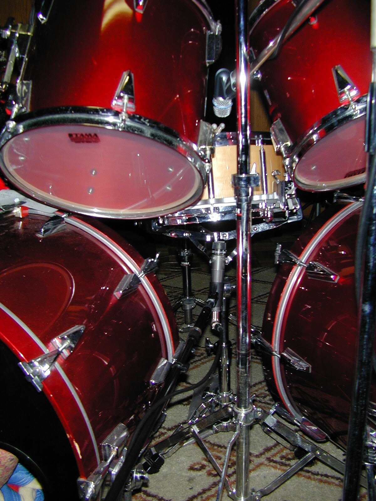 Tama drum kit set up and mic'd in the live room